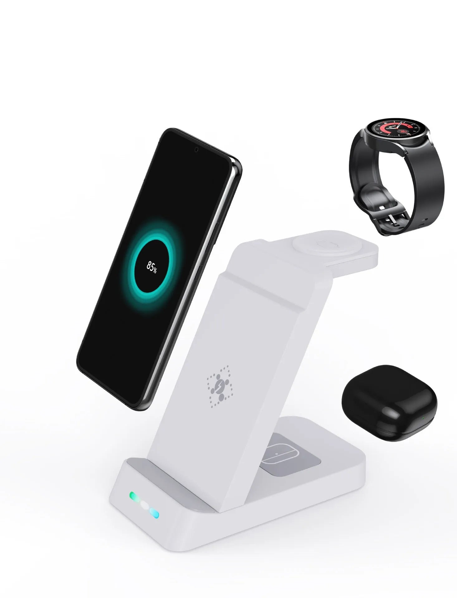 Black and white Da 65W 3-in-1 wireless charging stand showing phone, watch, and earbuds charging simultaneously.