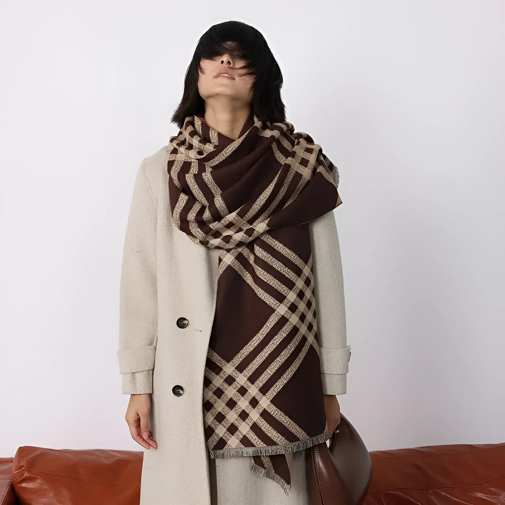 Imitation cashmere scarf with tassels in brown colour showing full 185cm length