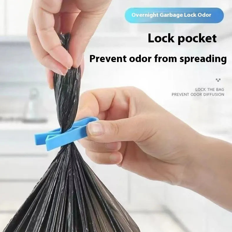Pack of ten white plastic garbage bag fixing clips for the side of a trash can.