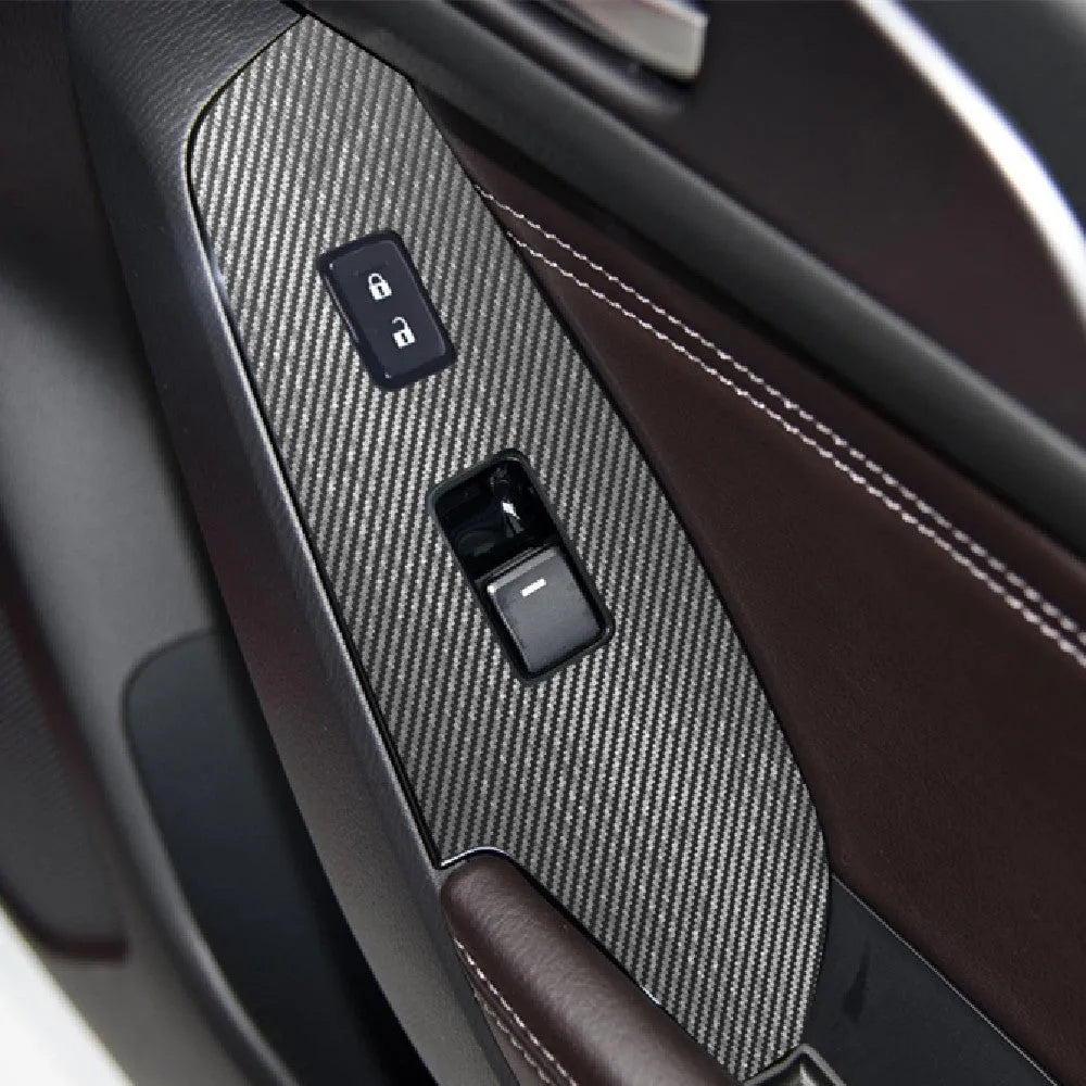 Four TPU protective films for car door control panels in transparent, carbon fibre black and matte black finishes