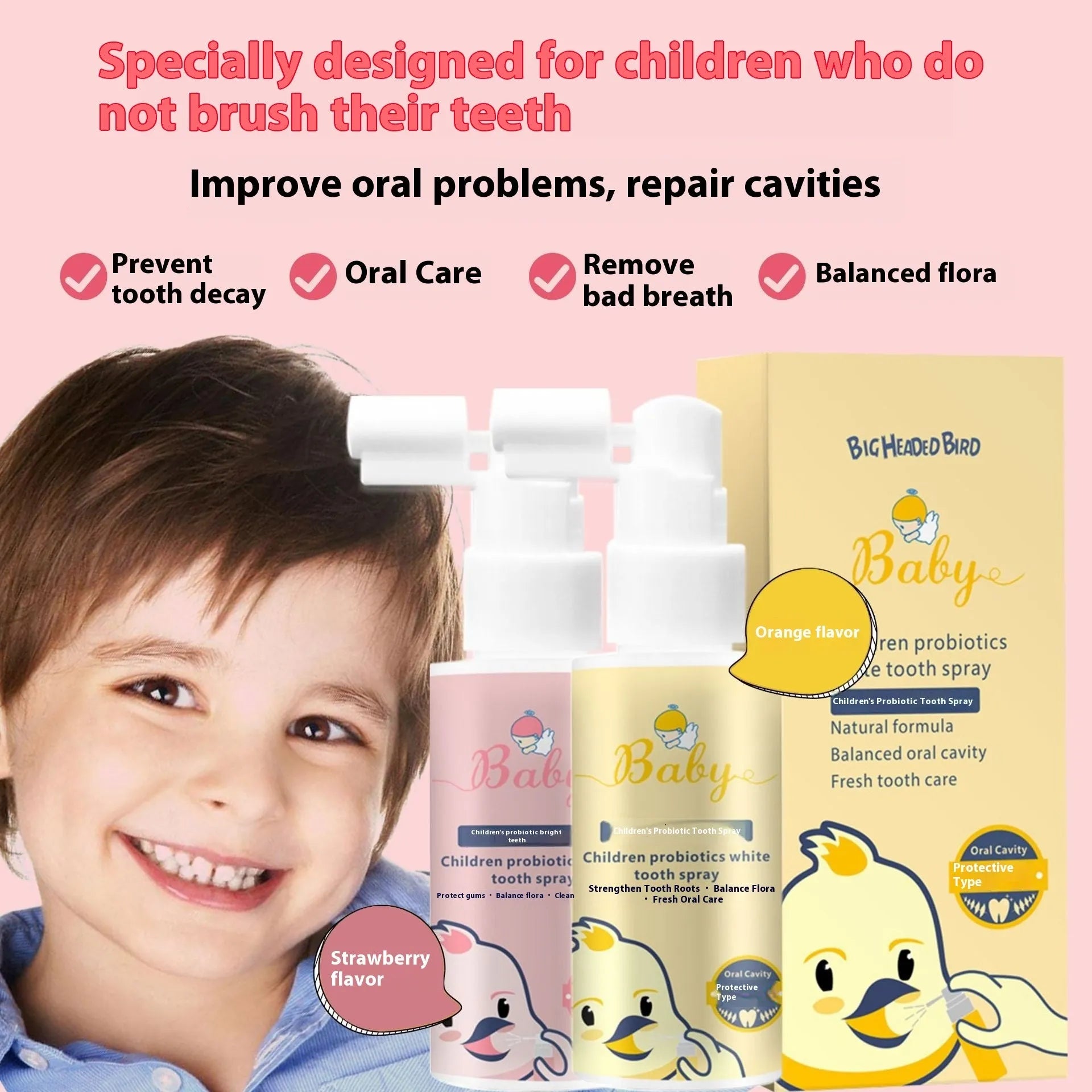 Children's probiotic white teeth cleaning spray bottle in strawberry and orange flavours