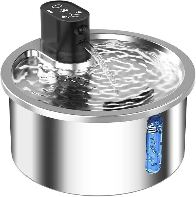 Stainless steel heated pet water fountain with adjustable temperature base in black or white