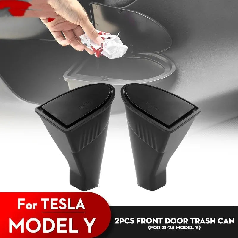 Two black ABS plastic car door trash cans for Tesla Model Y front seats