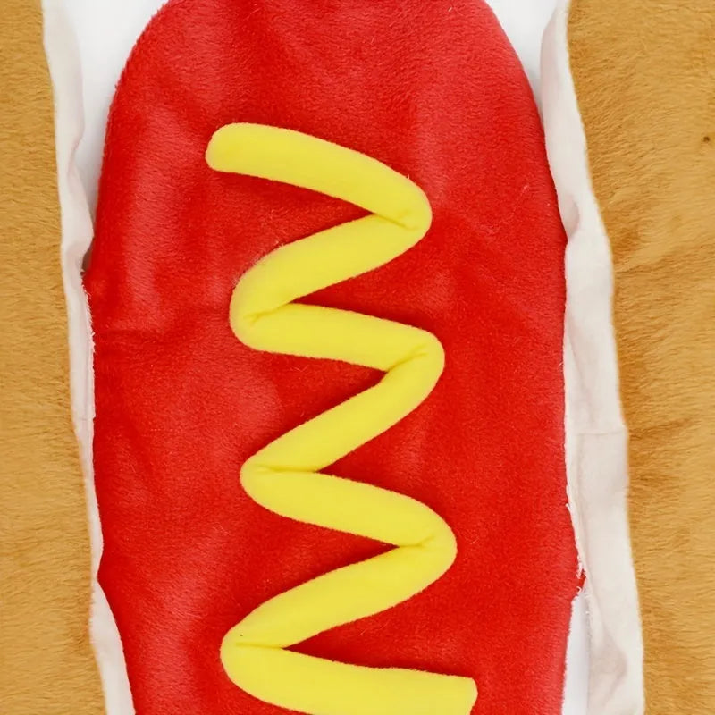 Hot dog costume on small dog with soft plush fabric and adjustable straps