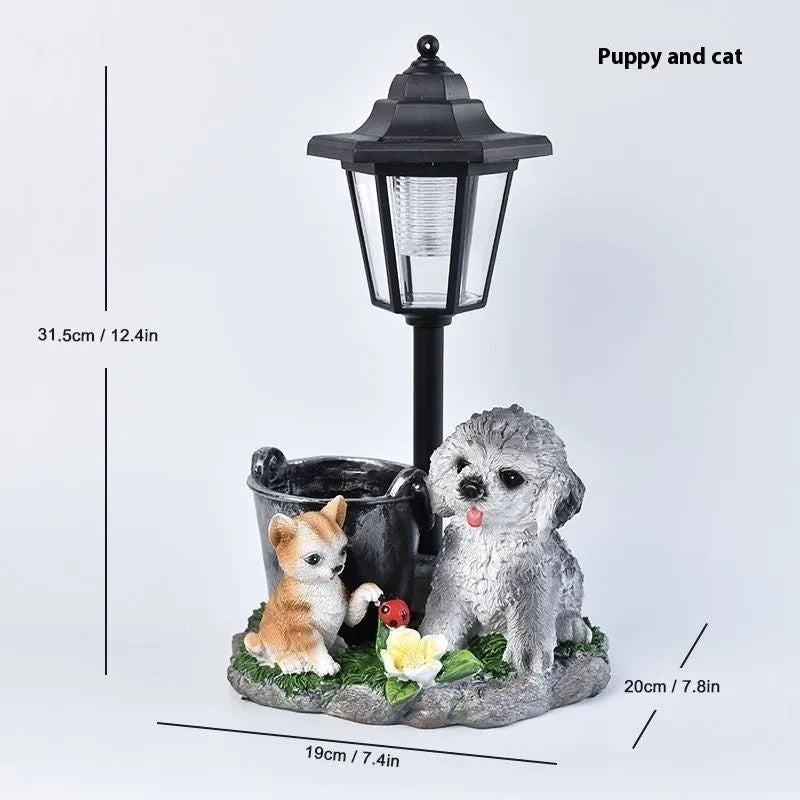 Hexagonal solar garden lamp with American country design, available as bird flowerpot or animal figurine.