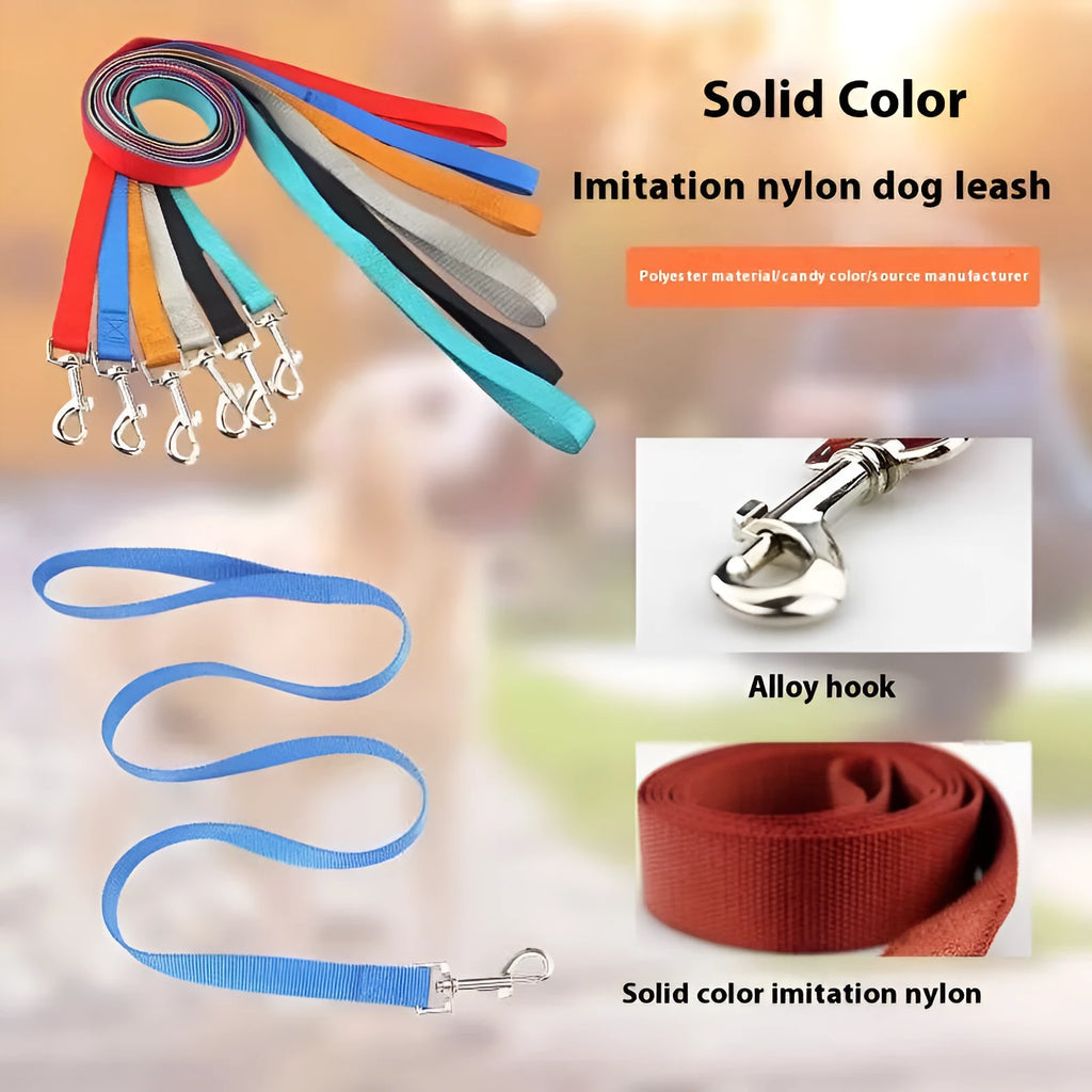 Solid colour nylon dog lead rope in blue, shown with a 120cm length and a hand holding it.