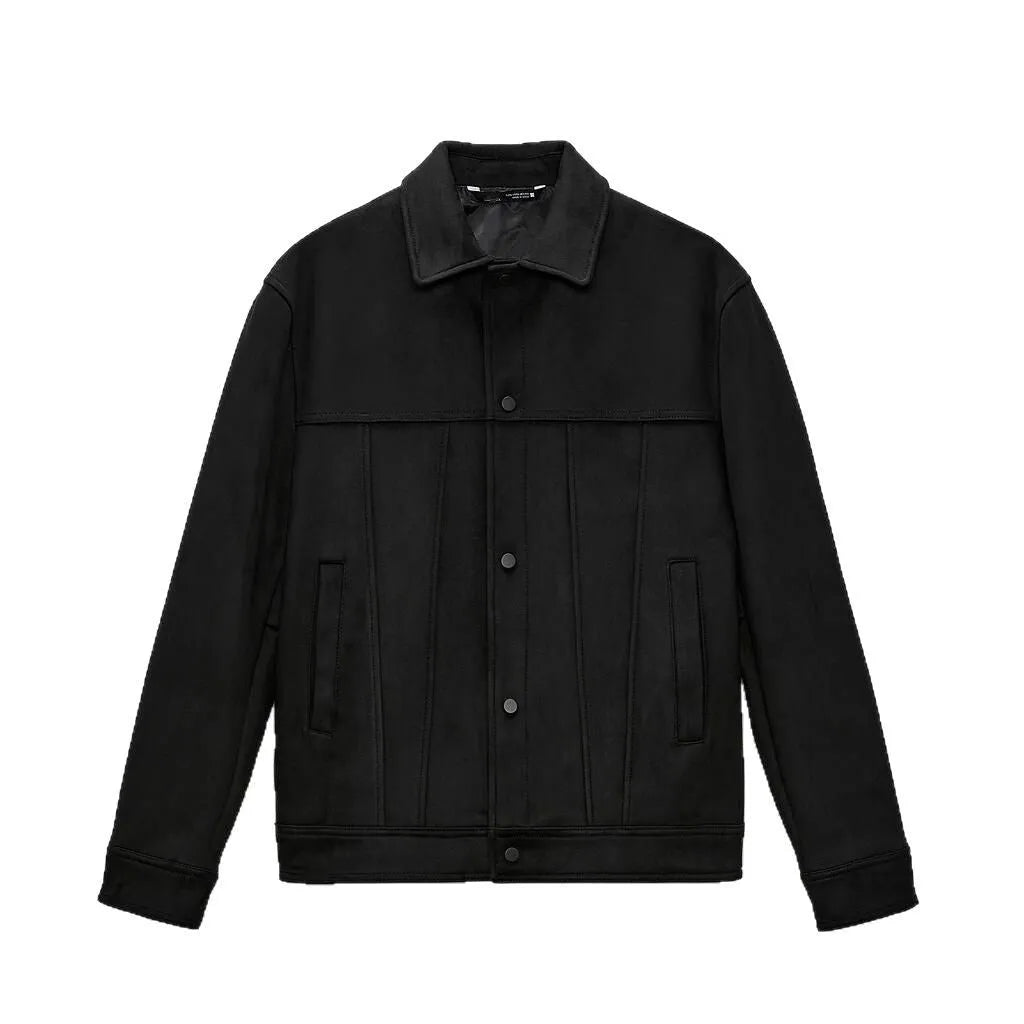 Men's black hooded jacket with suede collar showing side pockets and straight hem