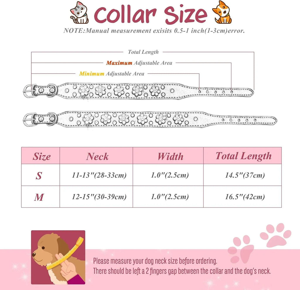 Cute PU leather dog collar with studded rhinestone flower pattern available in multiple colours for small and medium dogs