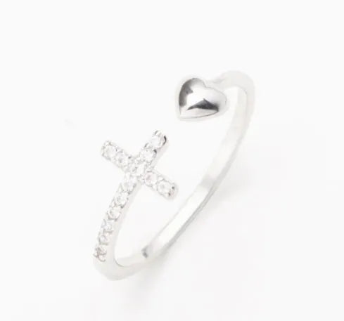 S925 sterling silver love cross open ring for women in white gold or rose gold colour with adjustable band