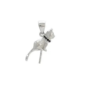 Close-up of a sterling silver cat pendant necklace on a clavicle chain.