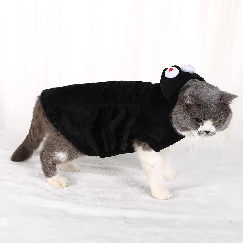 Dog wearing Halloween spider costume with black spider pattern on polyester fabric