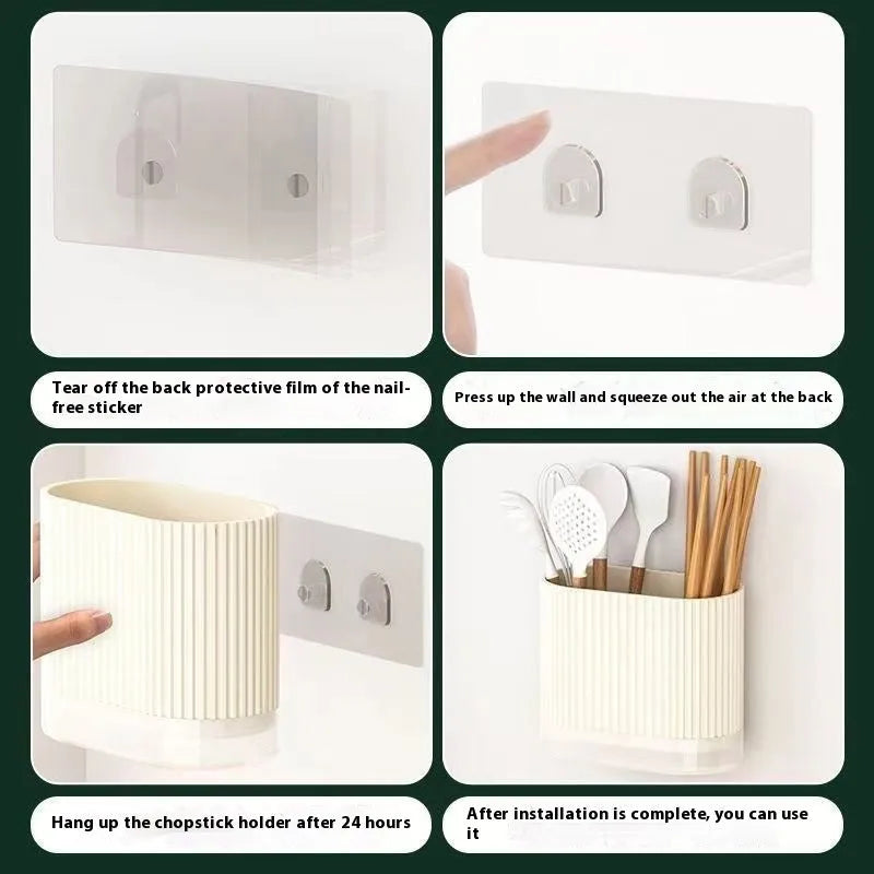 Plastic wall-mounted chopstick tube holder with drainage channels in beige, green or orange colours