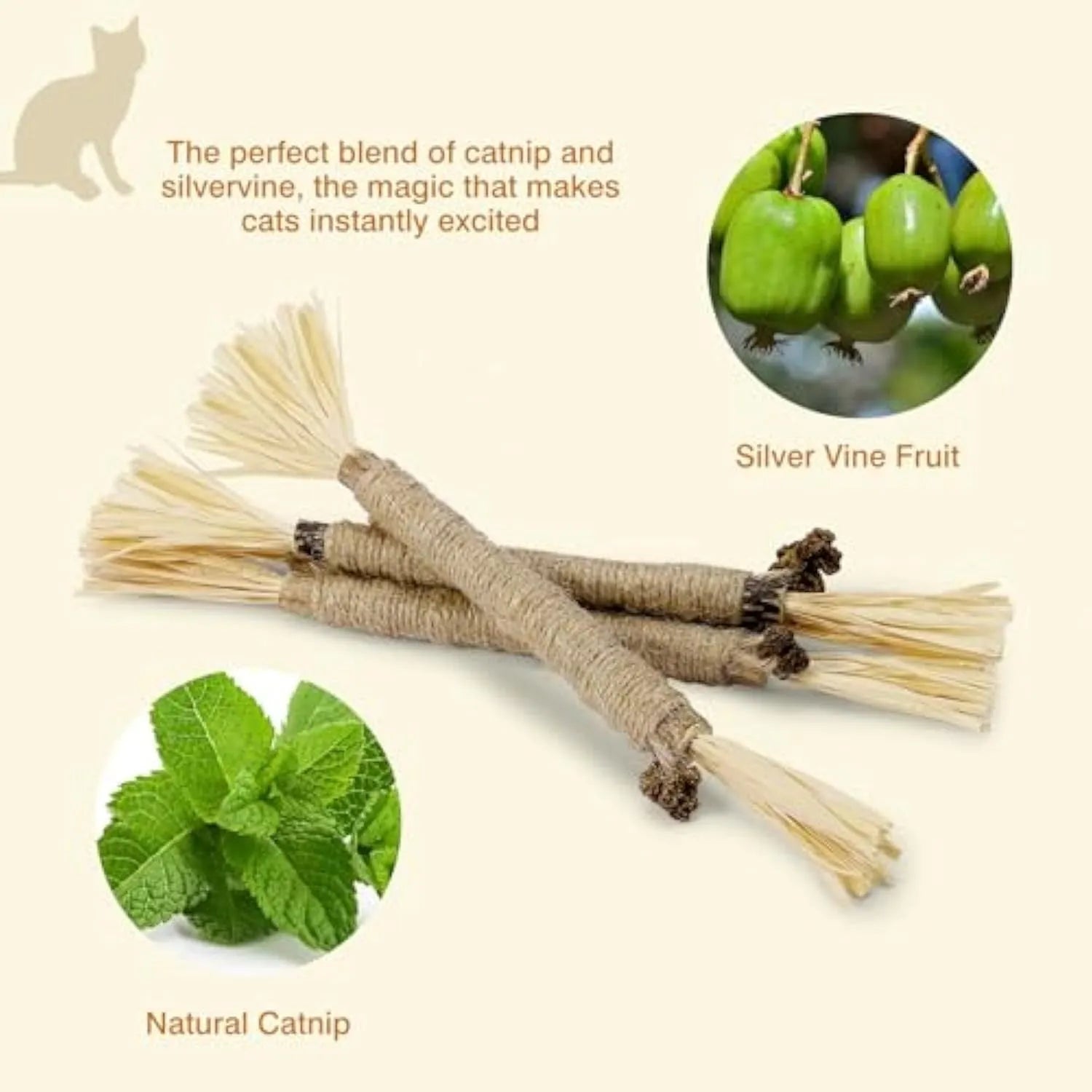 3 pack of natural silvervine chew sticks for cats with sisal rope, fine and thick diameter options