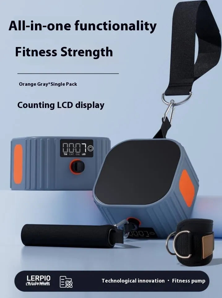Multi functional fitness resistance training tensioner with adjustable bands in blue grey and orange grey colours