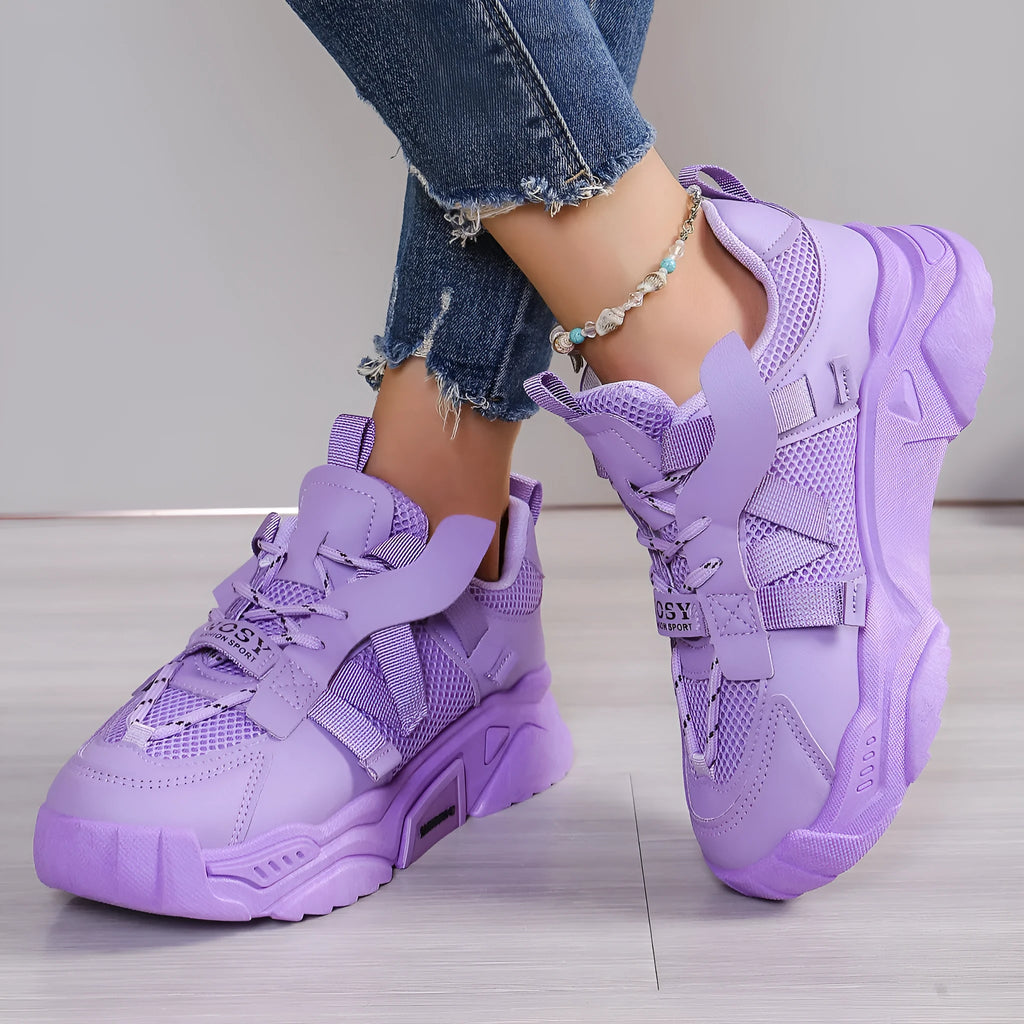 Women's purple platform mesh dad shoes with animal print pattern and lace-up front