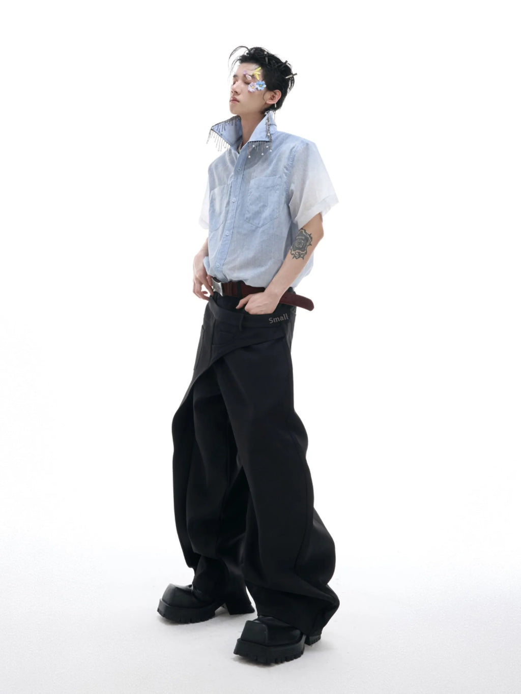 Blue gradient half-sleeve casual summer shirt with loose fit on hanger