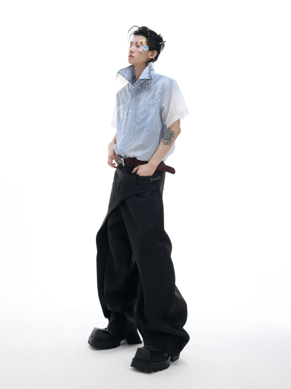Blue gradient half-sleeve casual summer shirt with loose fit on hanger