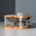 White transparent diamond pattern cat scratch board and tunnel nest combo for indoor use.