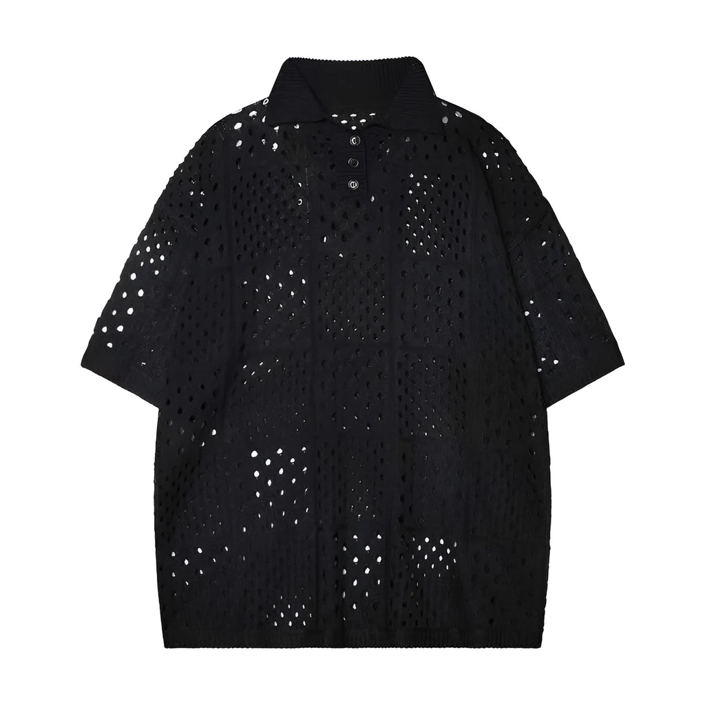 Solid colour loose-fit short-sleeved polo shirt with a hollow-knit design on a hanger.