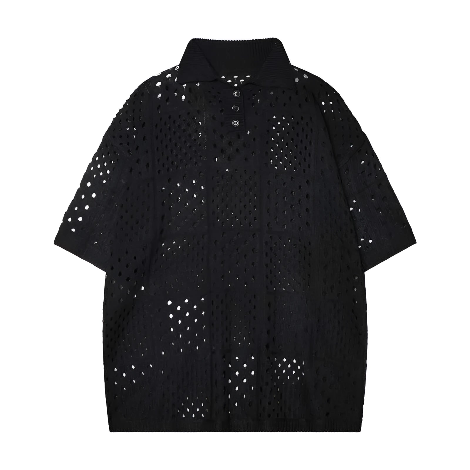 Solid colour loose-fit short-sleeved polo shirt with a hollow-knit design on a hanger.