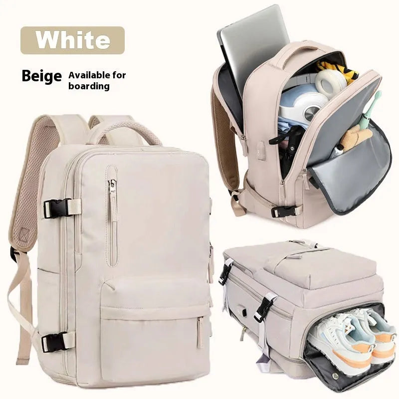 Large capacity waterproof Oxford cloth backpack in solid color with curved shoulder straps for travel and school use