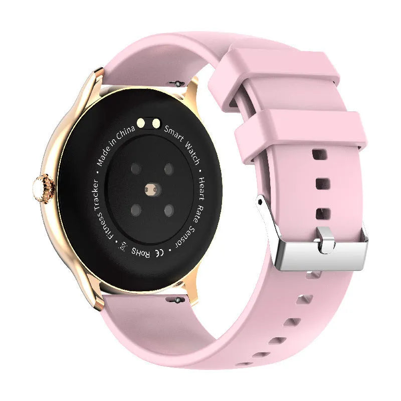 Black smart sports watch with 1.28 inch screen and silicone band showing health monitoring interface