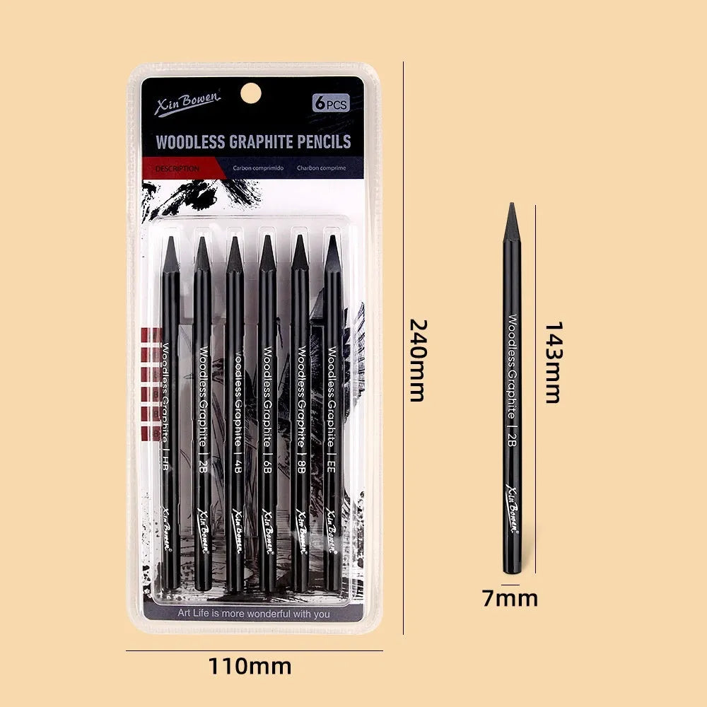 Set of six wood-free graphite sketching pencils with grades HB, 2B, 4B, 6B, 8B, and EE for art drawing.