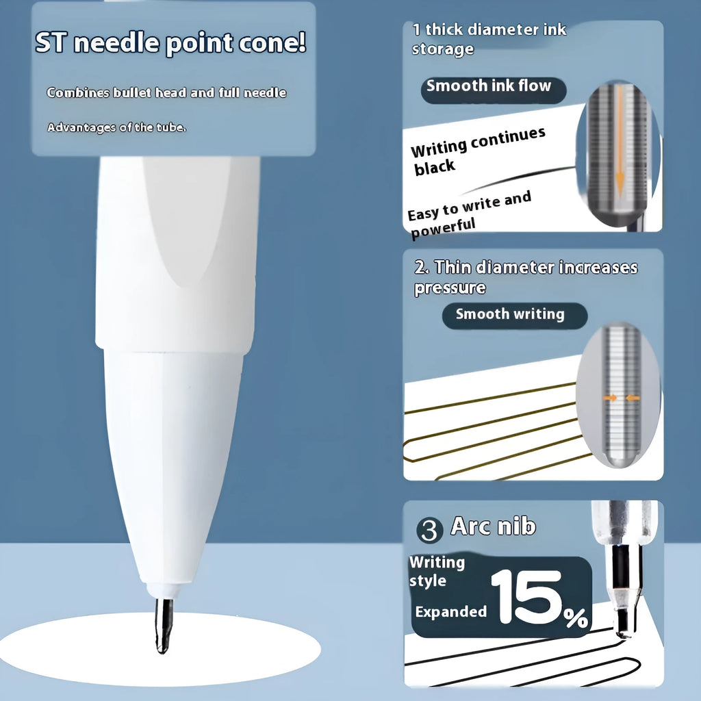 Four bullet pen refills showing black, blue, red, and ink blue ink colours with quick-drying technology