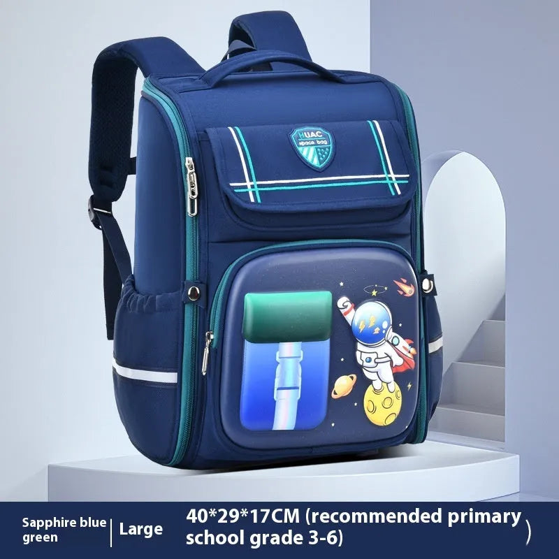 Children's cartoon backpack in Rabbit or Spaceman print with airpillow straps, shown in pink, purple, blue green, or blue red.