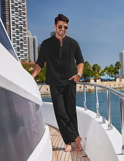 Men's cotton casual suit in solid colour with long sleeves and trousers for leisure wear