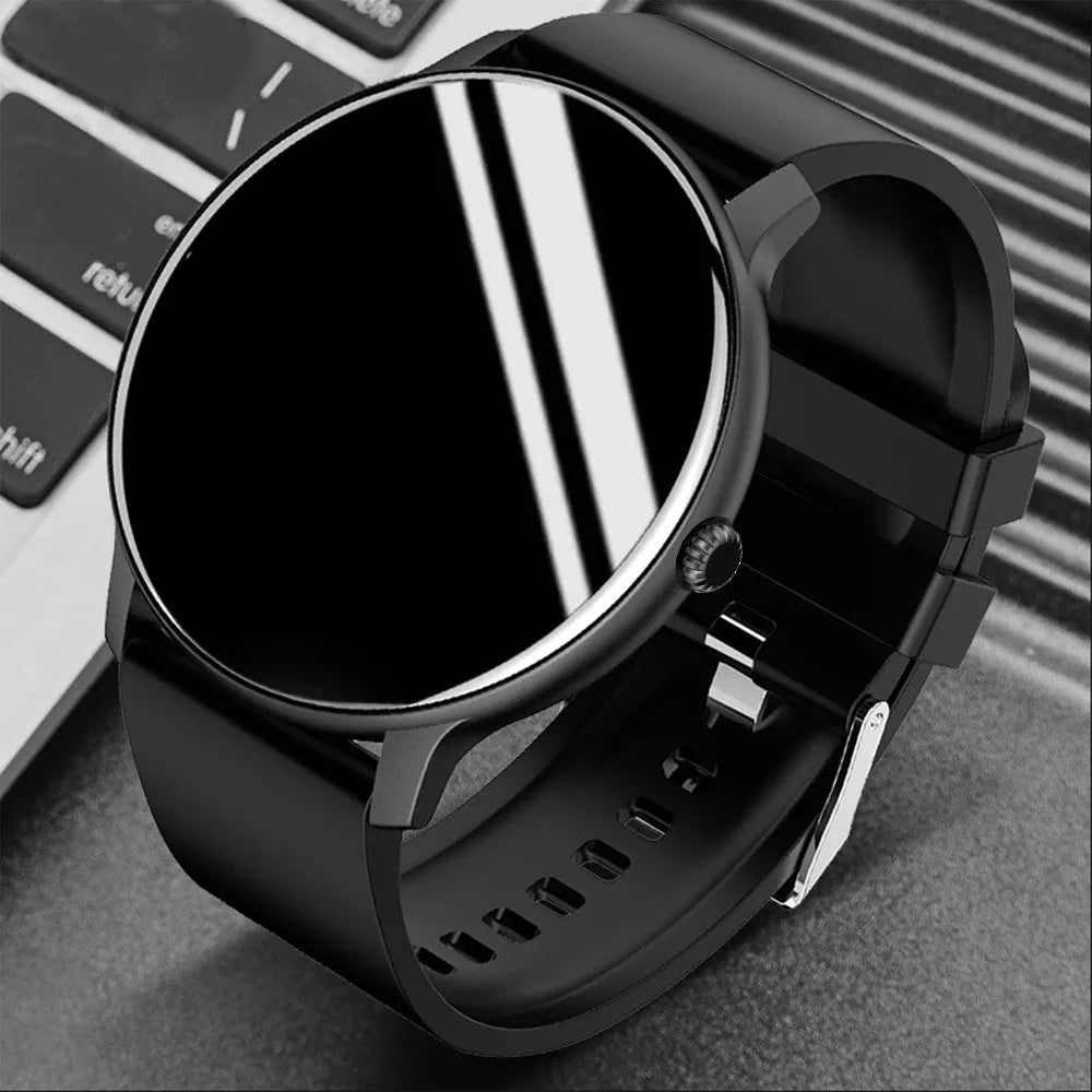 Black smart sports watch with 1.28 inch screen and silicone band showing health monitoring interface