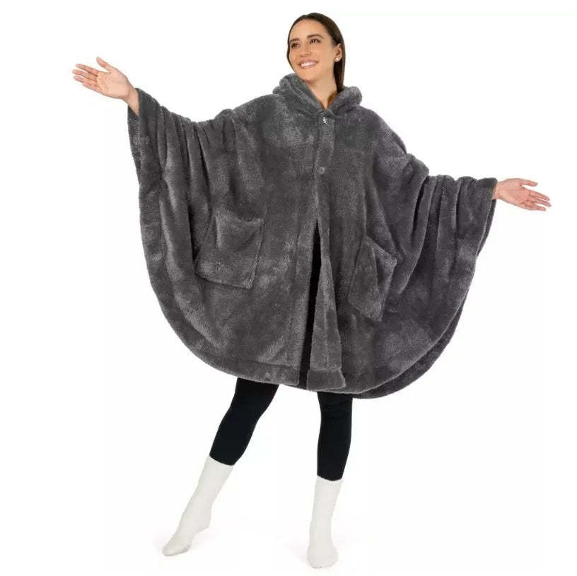 Thick hooded polyester bathrobe in cardigan style, shown in black, dark grey, or pink colour options.