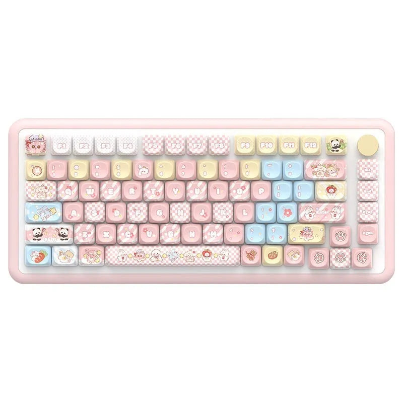Doll-themed mechanical keyboard keycap set with sublimation dye colours showing anime character designs