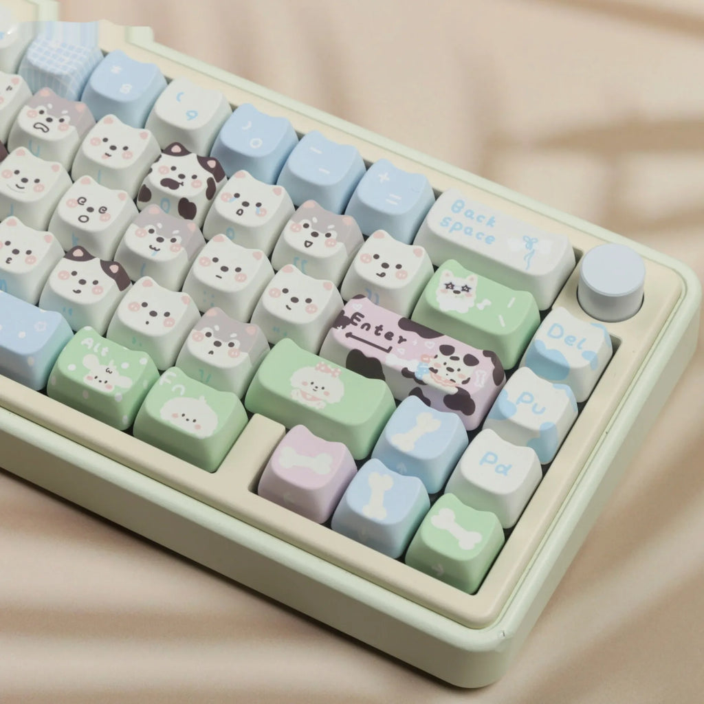 Full set of mechanical keyboard keycaps with colourful cat and puppy sublimation printing on PBT plastic