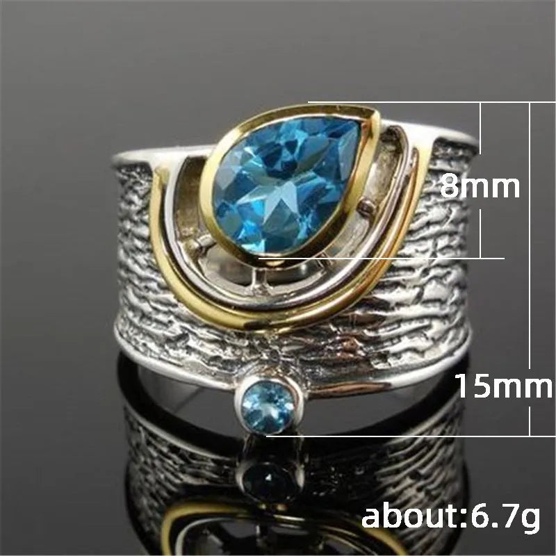 Blue alloy women's ring with Chinese style design and inlaid rhinestone zircon in drop shape