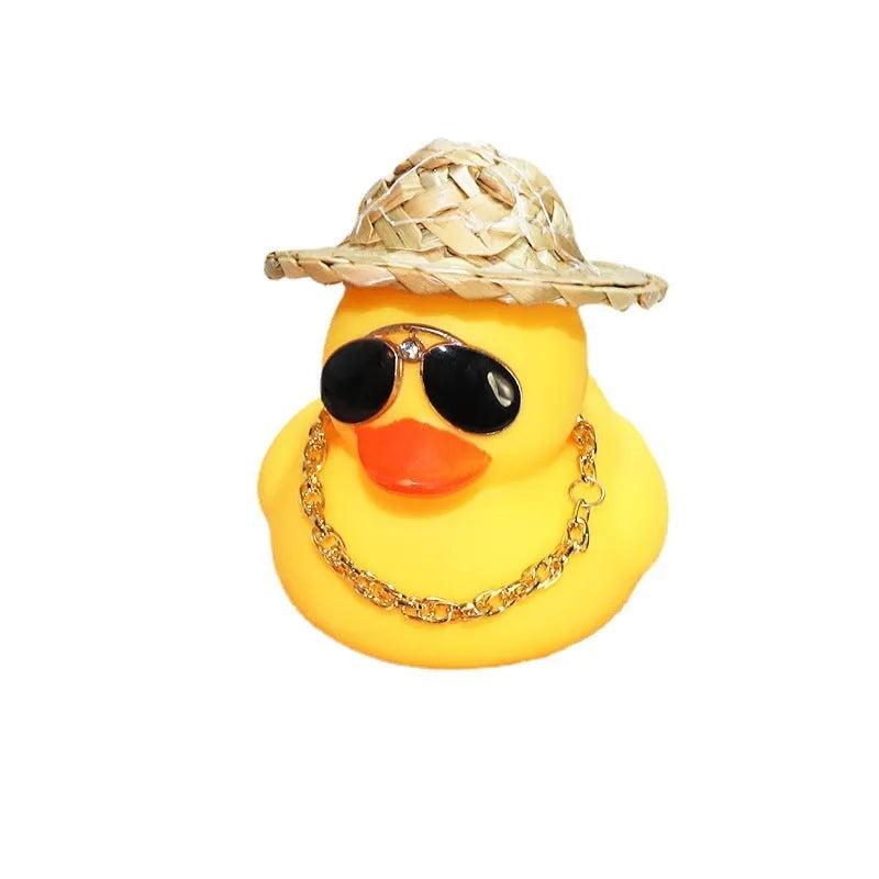 Yellow duck wearing straw hat car ornament with matte finish and included base glue