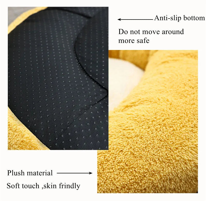 Brown and white corgi-shaped plush dog bed on a wooden floor.