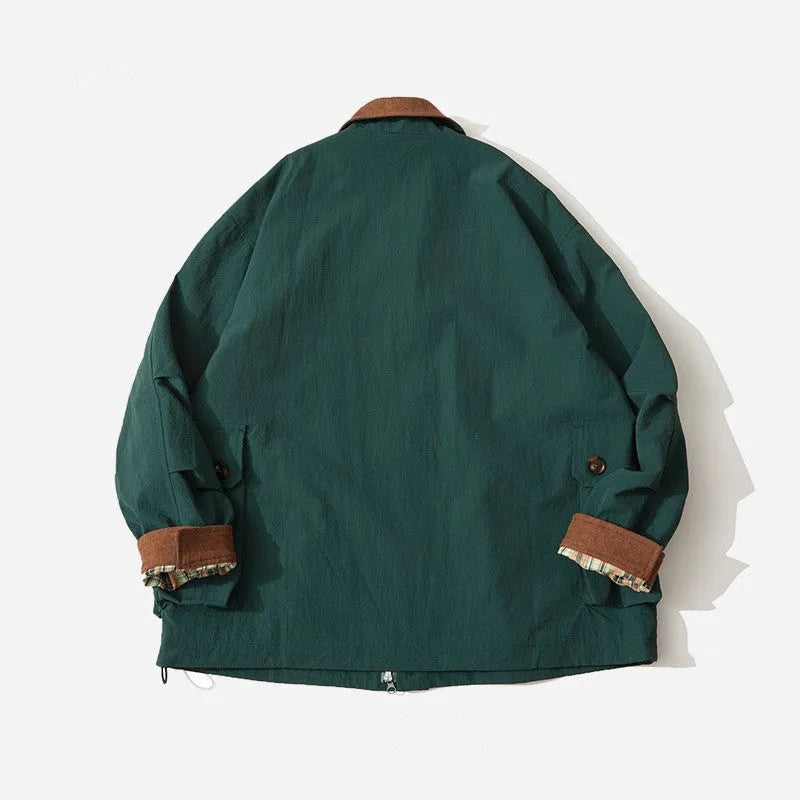 Green and apricot polyester casual jacket with side pockets and long sleeves