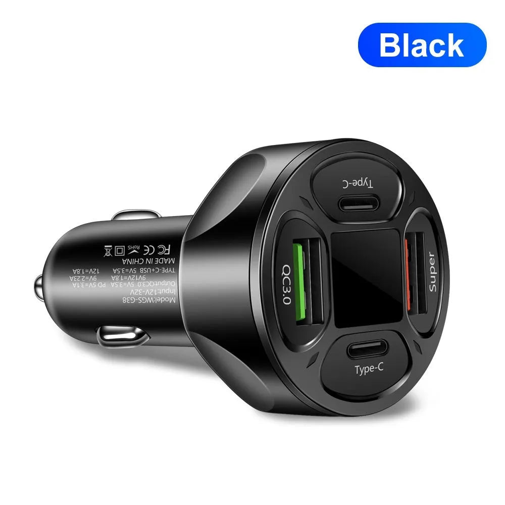 66W digital display car charger with two USB and two Type-C ports showing voltage readout
