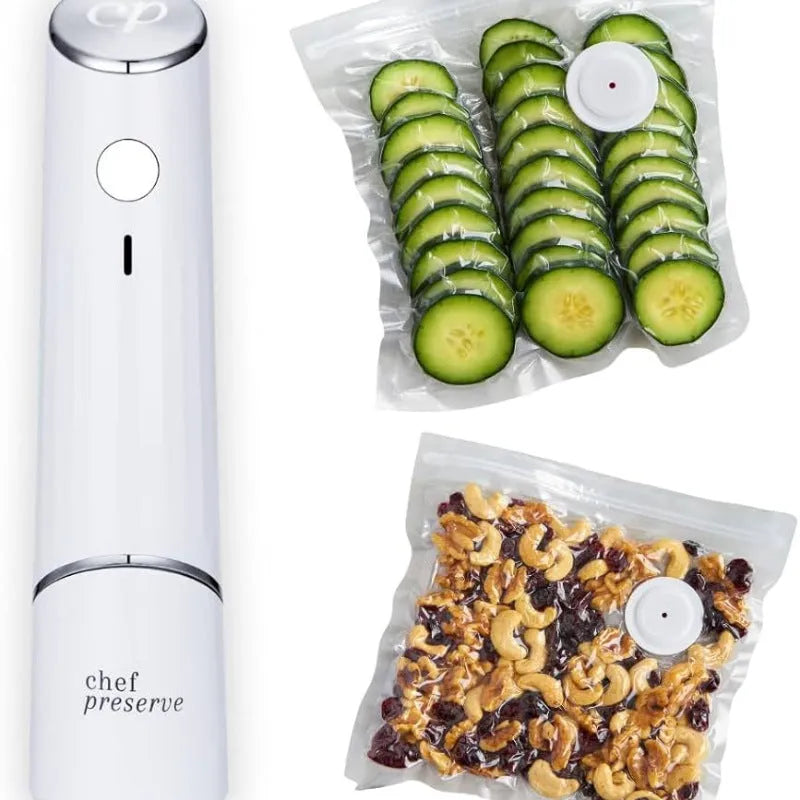 White USB portable vacuum sealer pump with five 26x28cm plastic zipper food storage bags