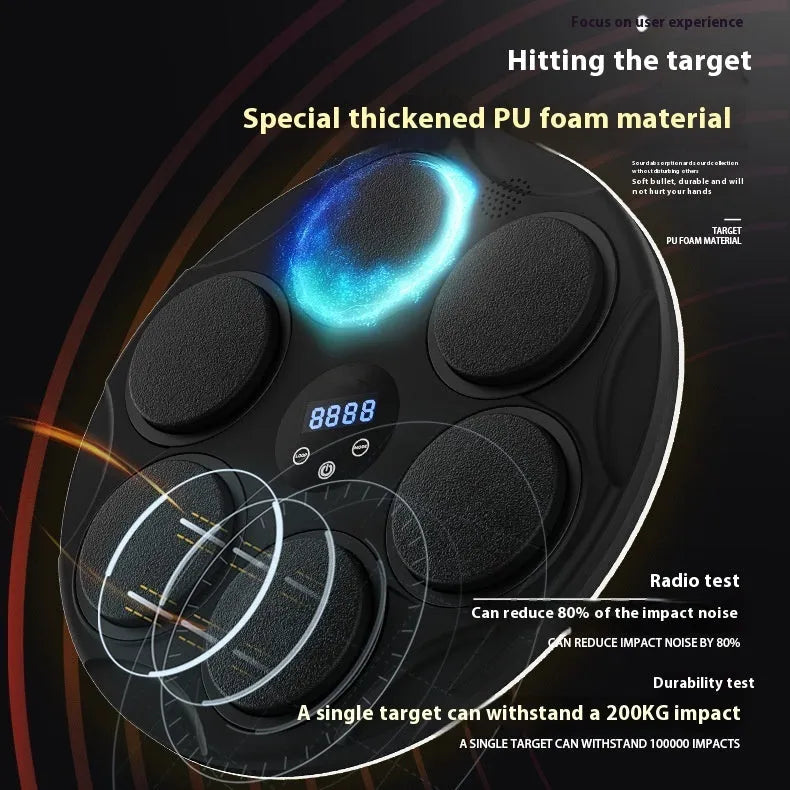 Black smart Bluetooth boxing hanging target with coloured lights, wall mount set and cable.