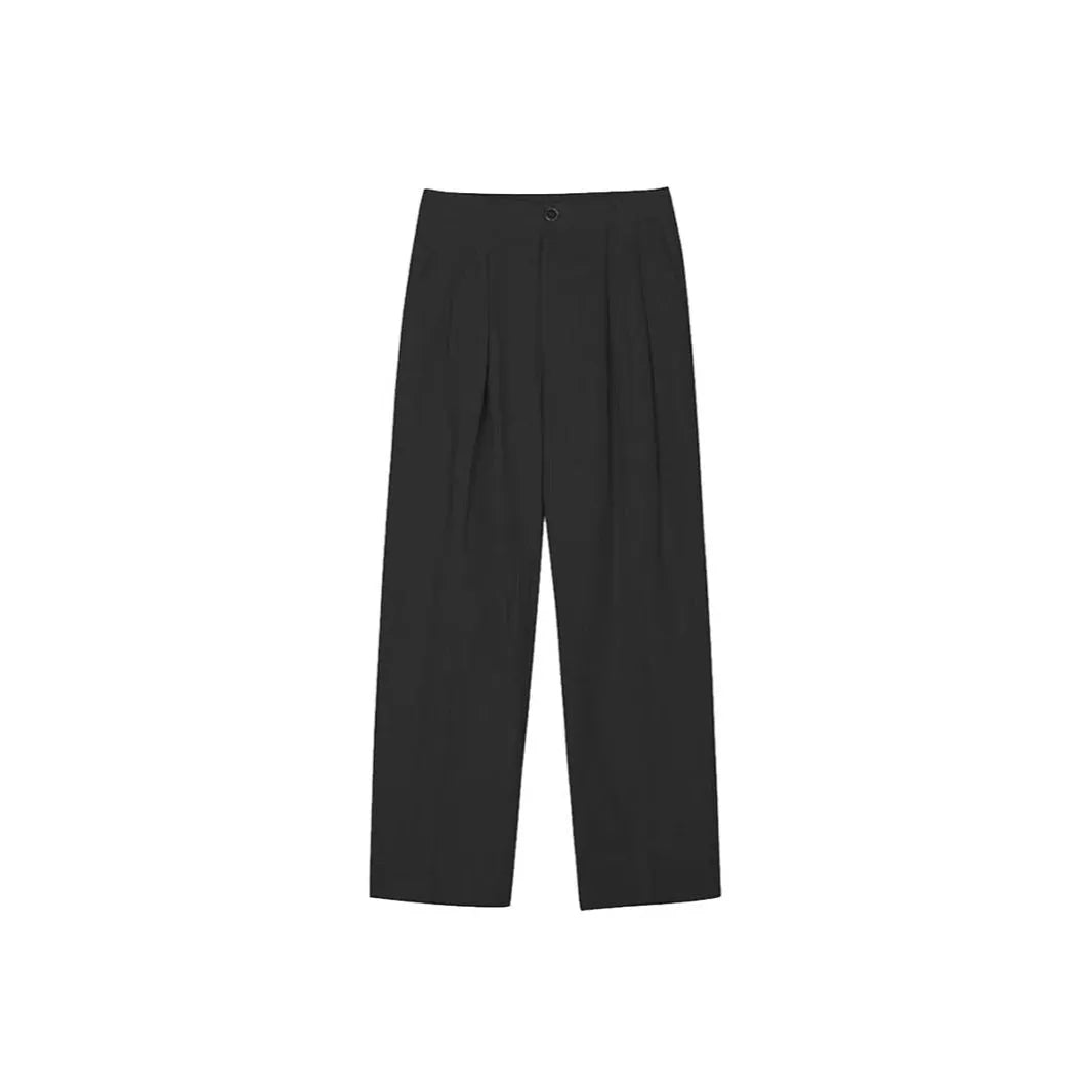 Men's apricot-coloured wide-leg cotton linen trousers with an elastic waistband on a hanger.