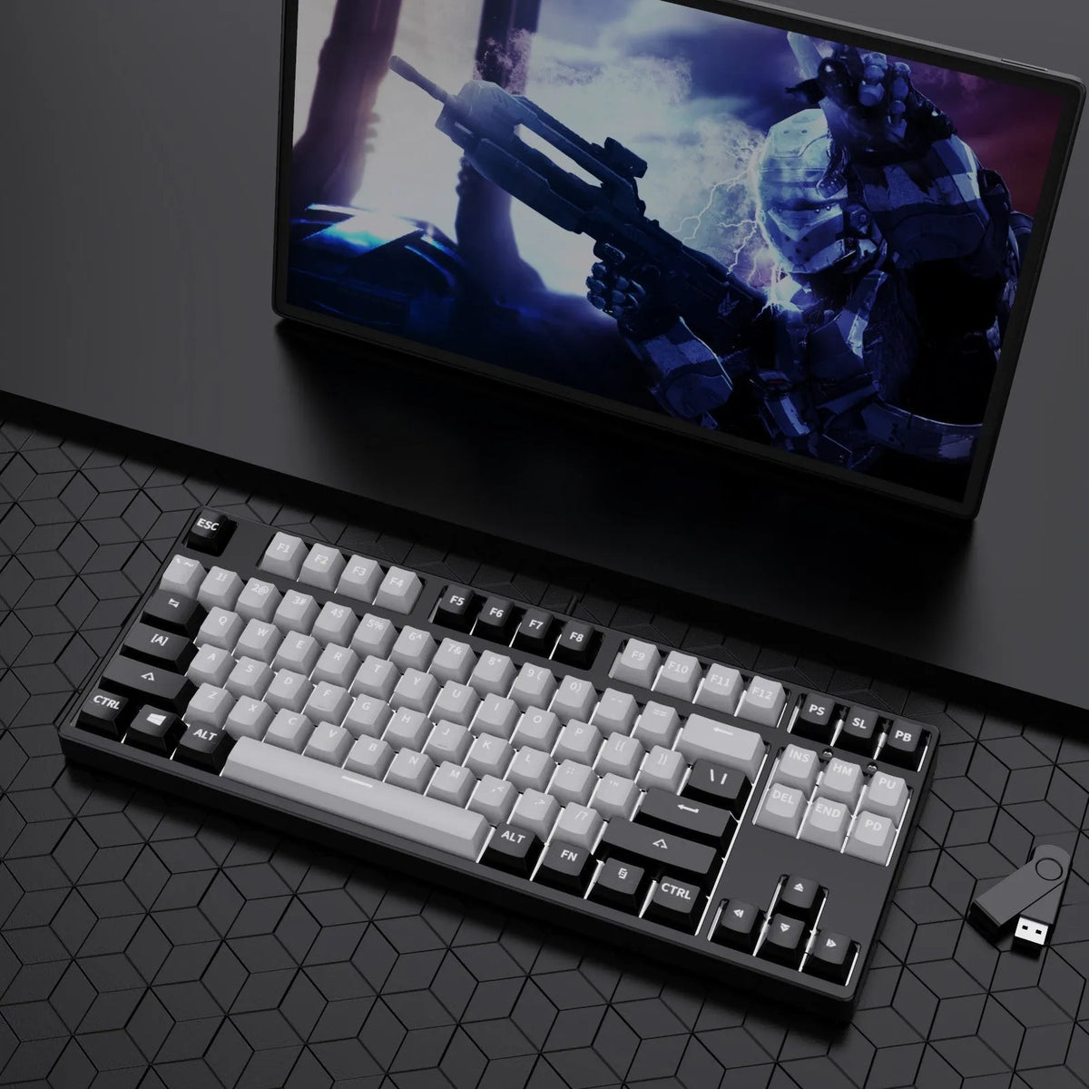 87-key mechanical keyboard with colourful keys on black or white metal chassis