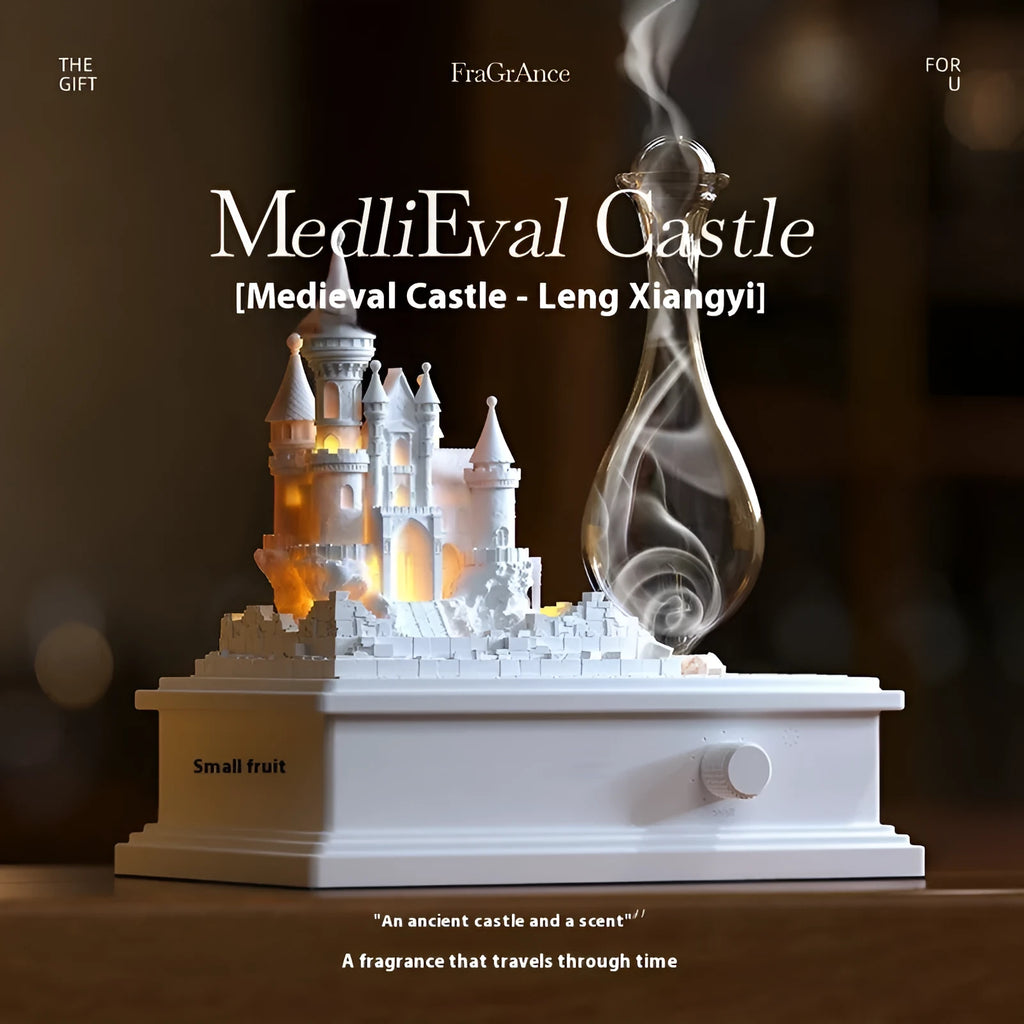 White medieval castle aromatherapy machine with charging cable and essential oil bottle