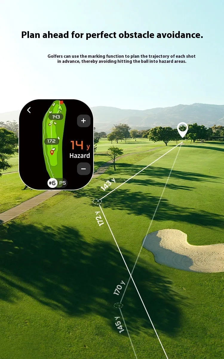 GenePro G1 black GPS golf rangefinder with AMOLED touchscreen displayed with its USB-C cable and storage box.