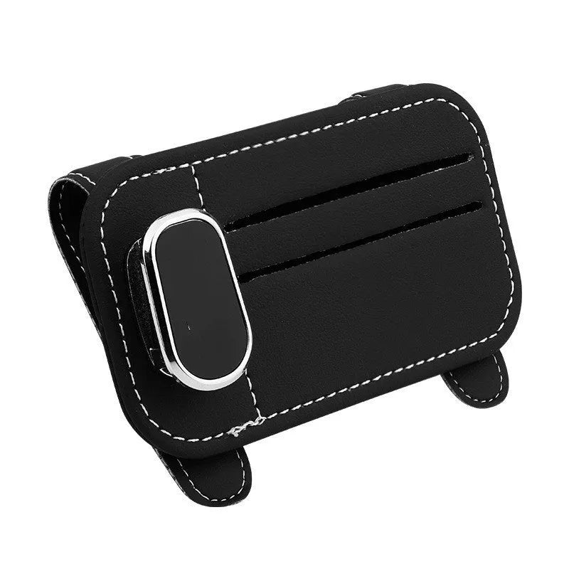 Genuine leather automotive sun visor card holder with sunglasses clip in snap-on installation