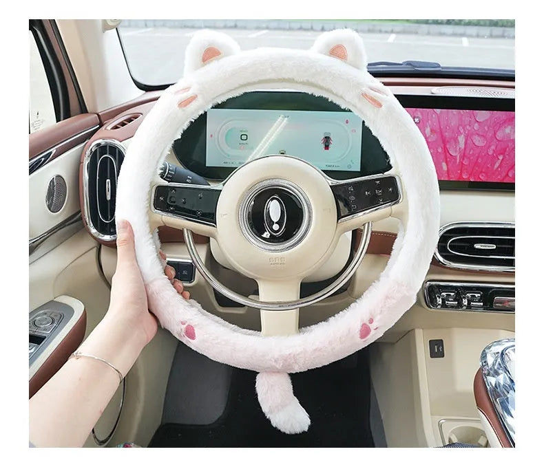 Winter steering wheel cover with plush thermal material and cartoon animal embroidery in 38cm diameter