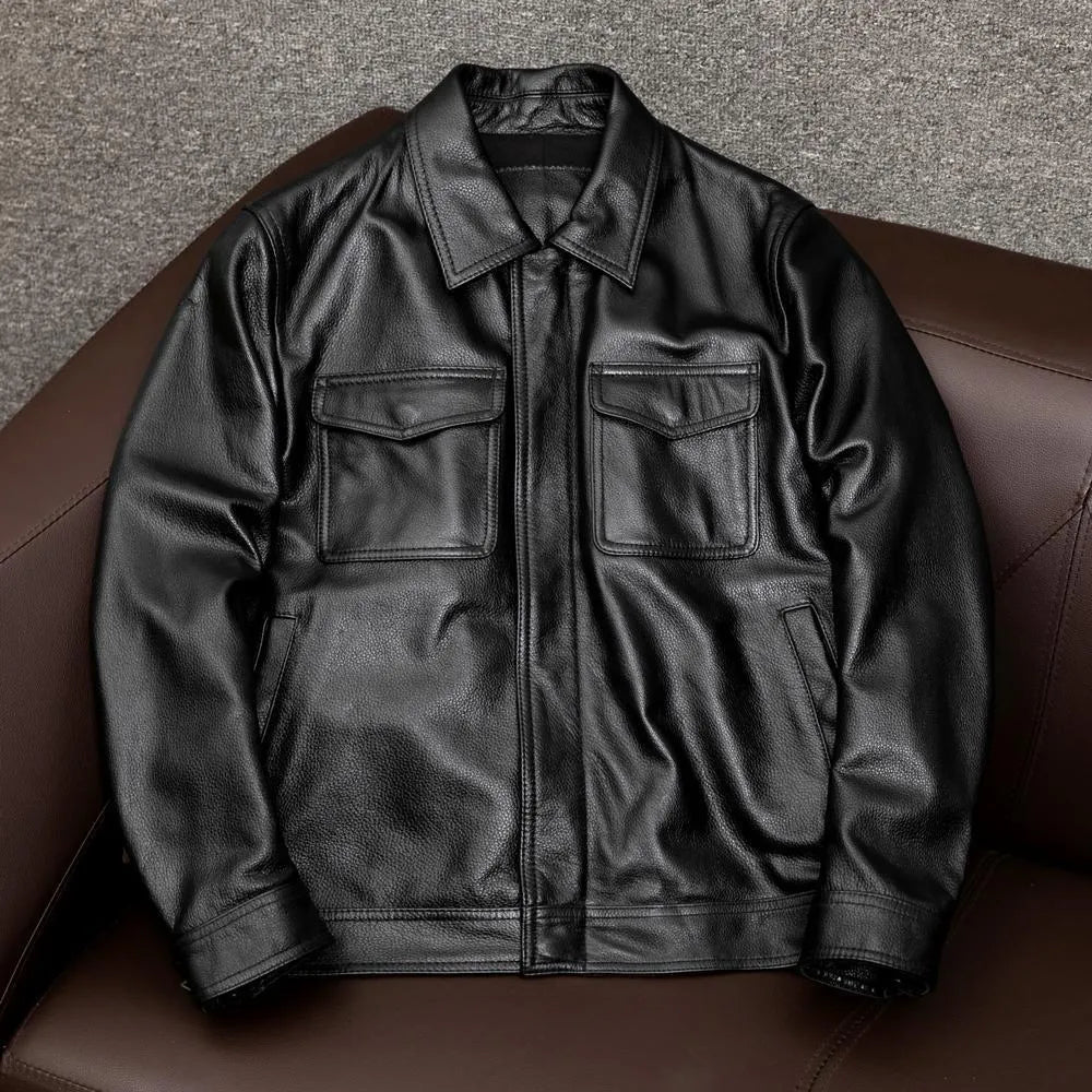 Men's plus size loose fit PU leather jacket with lapel design and side seam pockets in black or brown options