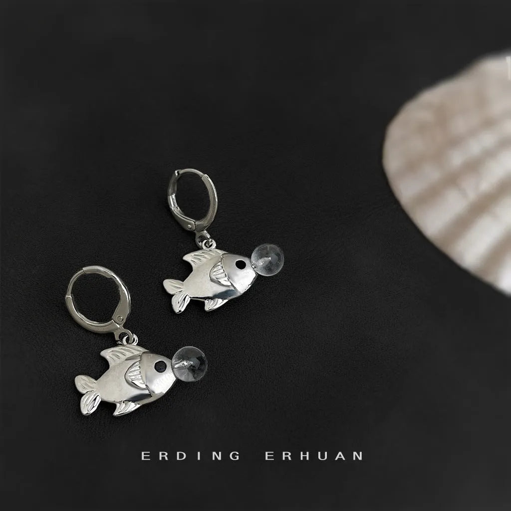 Bubble fish design copper earrings with goldfish elements and electroplated finish