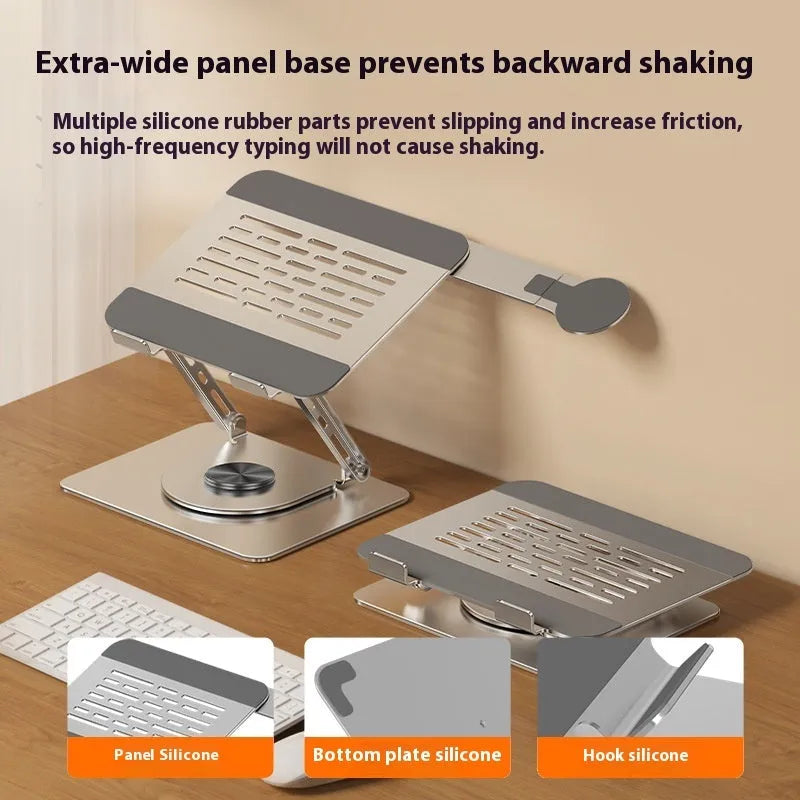 Silver carbon steel laptop stand with a side-mounted magnetic phone holder rotated to the front.